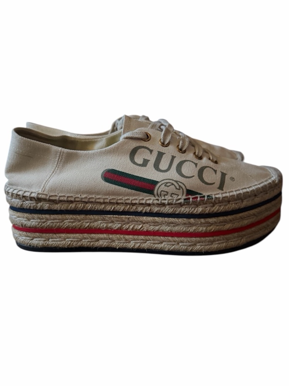 Gucci Canvas Platform Espadrille Sneakers in Beige with Red & Blue Stripe